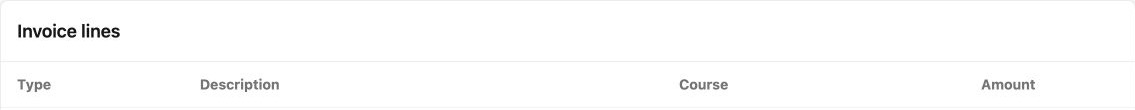 Privacy-cropped SchoolCMS invoice review section from a safe demo record, showing only the Invoice lines heading and Type, Description, Course, and Amount column labels before any external checkout.