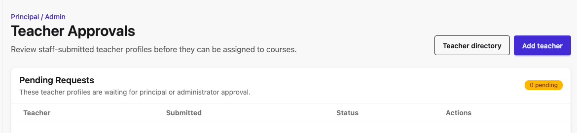 Teacher Approvals screen showing that there are no pending teacher requests.