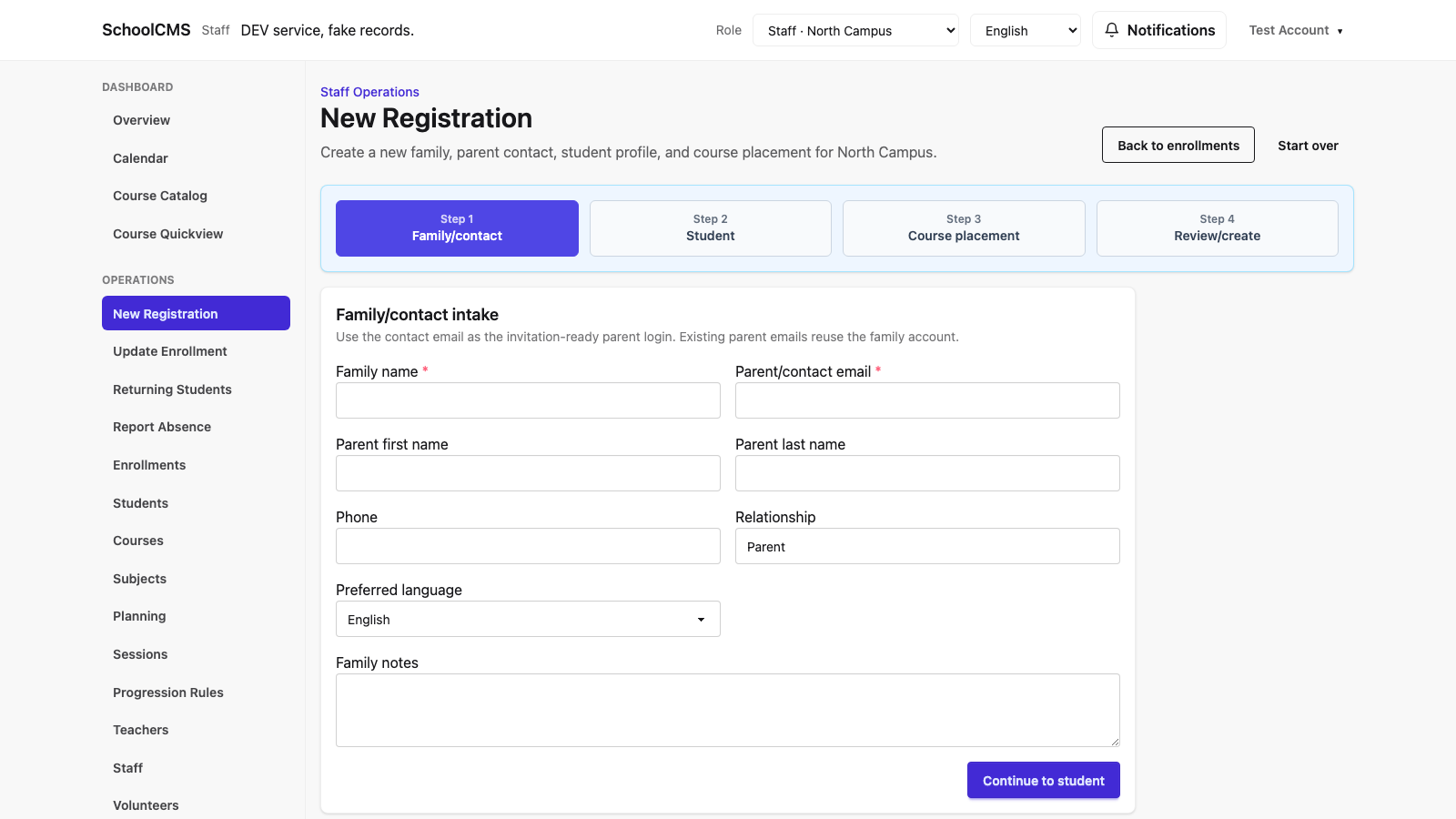 New Registration Step 1 Family/contact page in the demo service, with blank family and contact fields and the Continue to student button.