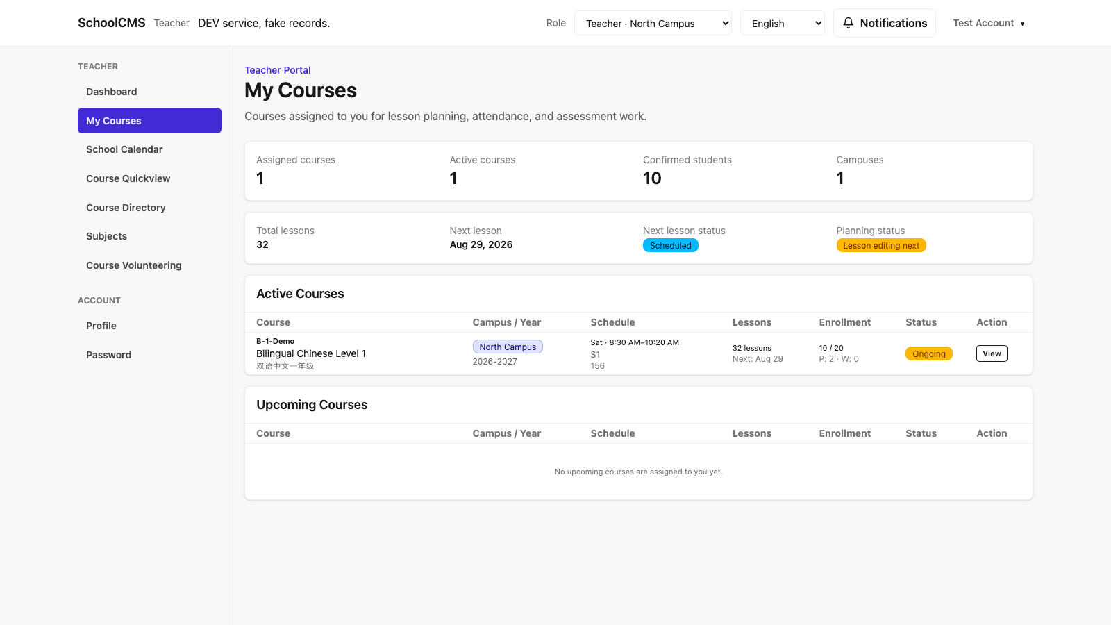 Teacher My Courses page in the demo service, showing one assigned active course and its View button.